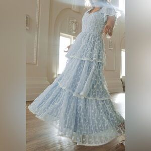 NWT Ivy City Co Baby Blue Sweetheart Tiered Maxi Dress Gown Sz XL Tulle Overlay